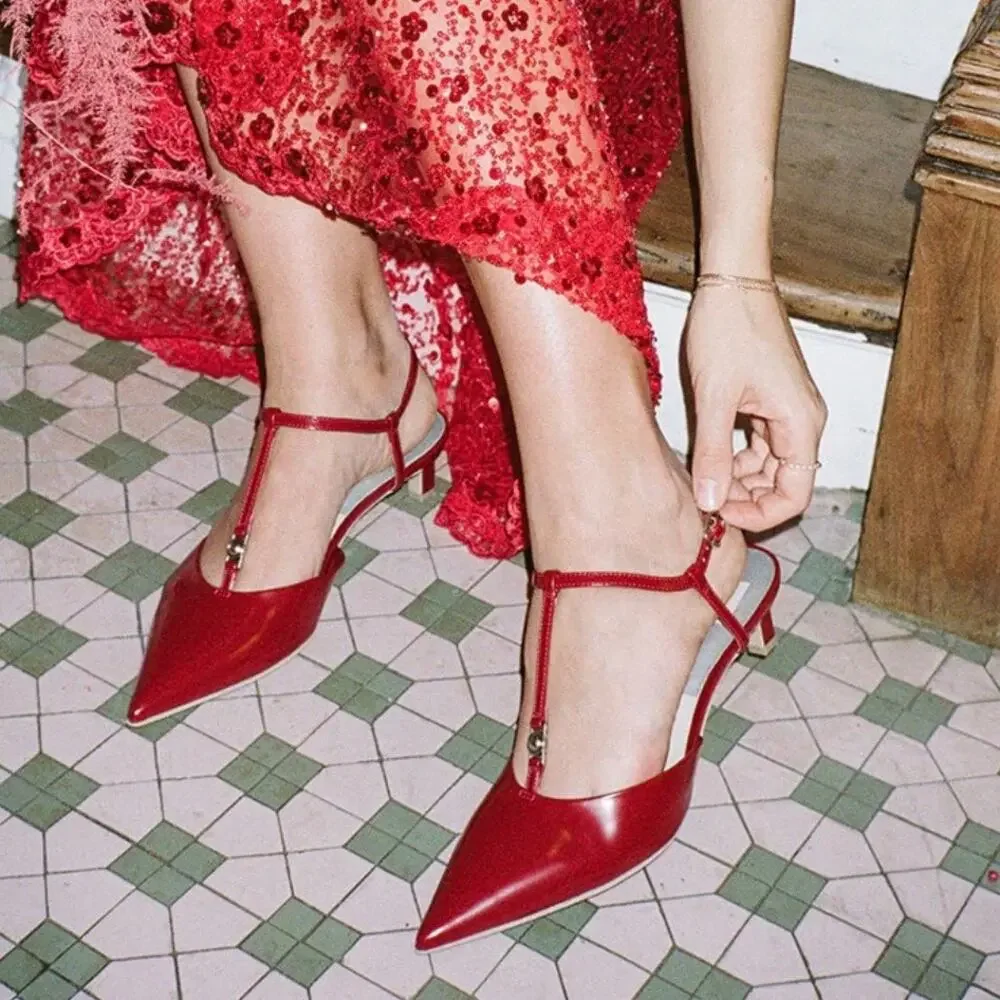 Dolce Vita Red Pointed T-Strap Low Heel Pumps
